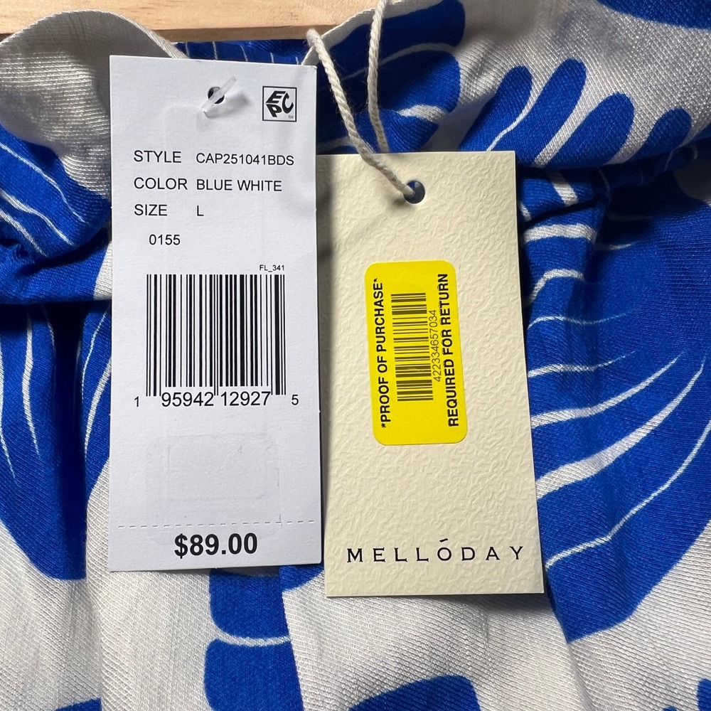 Melloday Wide Leg Pants Womens Large Blue White Shell Print Paperbag Waist NEW - Picture 5 of 10